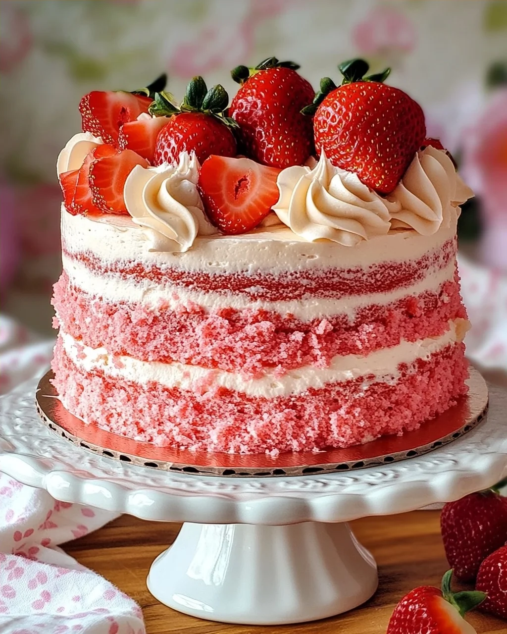 Dreischichtiger Erdbeerkuchen mit Frischkäse-Frosting