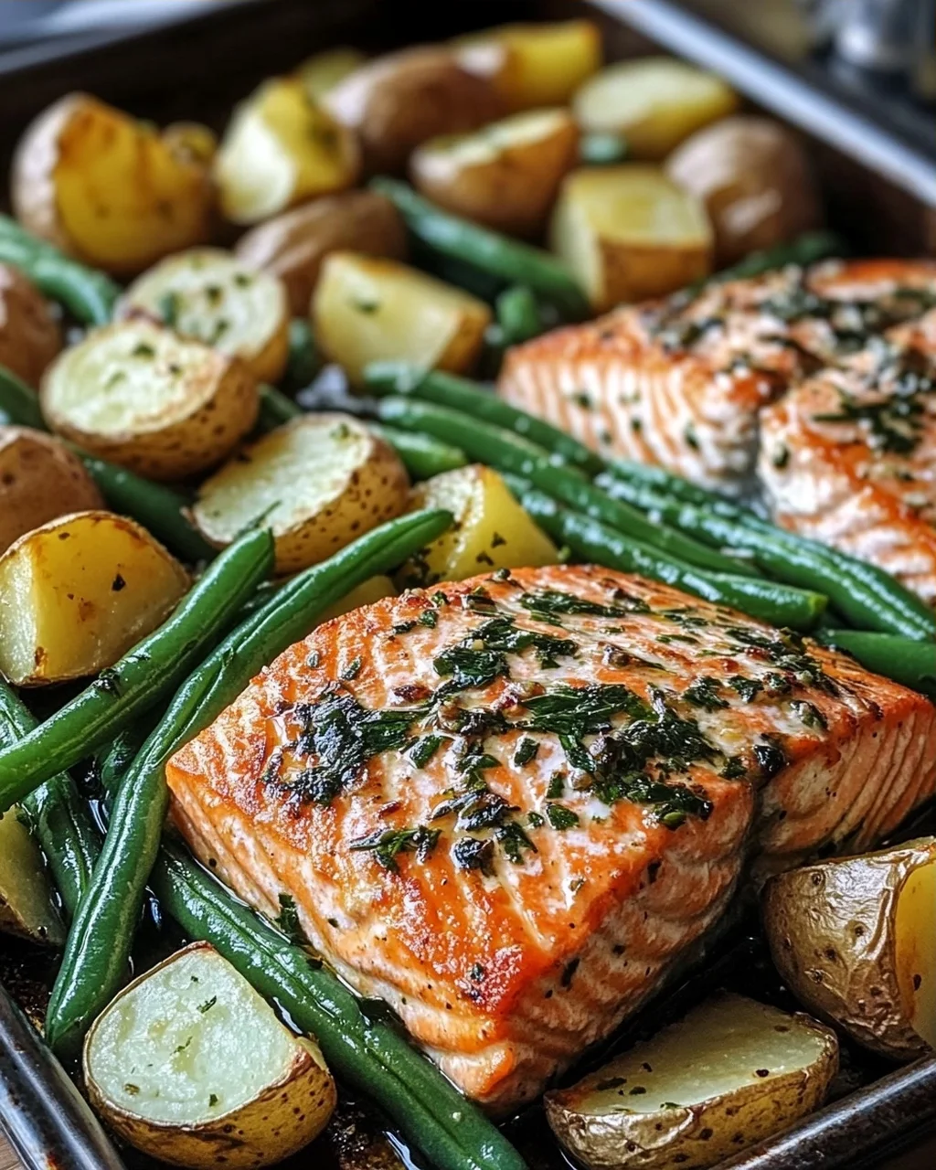 Einfaches Blechlachs Rezept mit grünen Bohnen und Kartoffeln