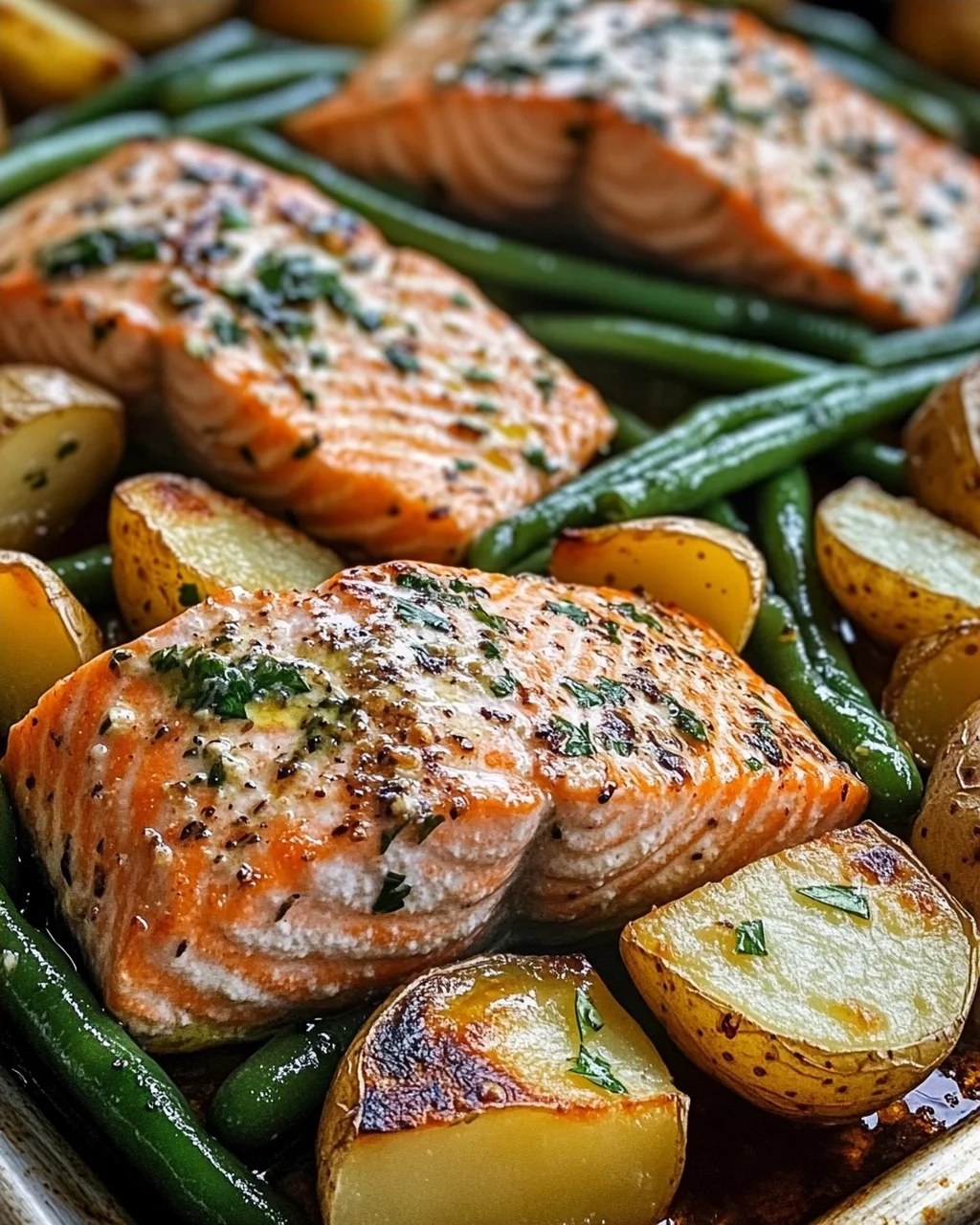 Einfaches Blechlachs Rezept mit grünen Bohnen und Kartoffeln