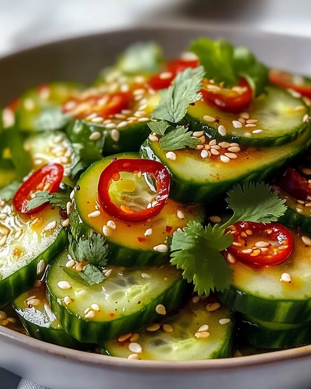 Erfrischender Asiatischer Gurkensalat mit Chili und Sesam