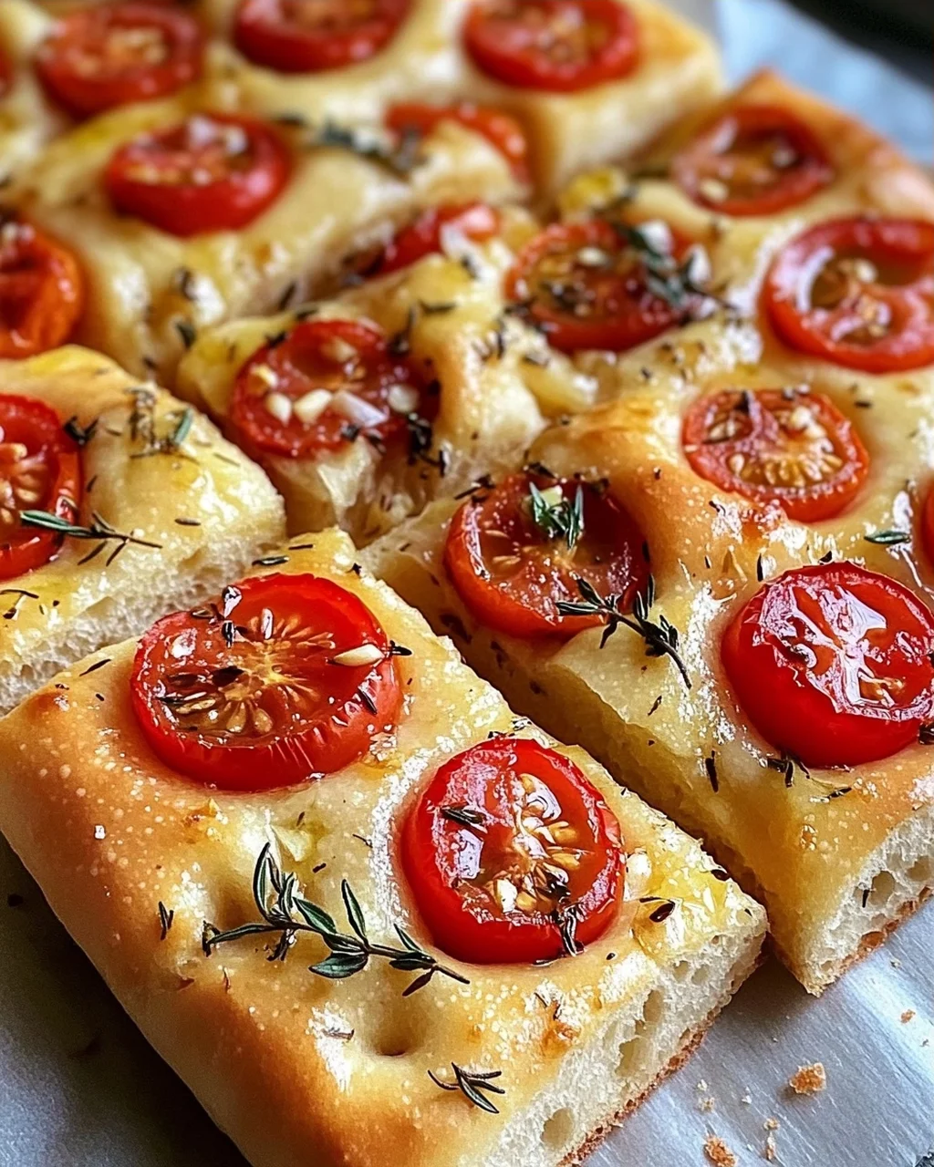 Focaccia mit Tomaten, Knoblauch & Thymian