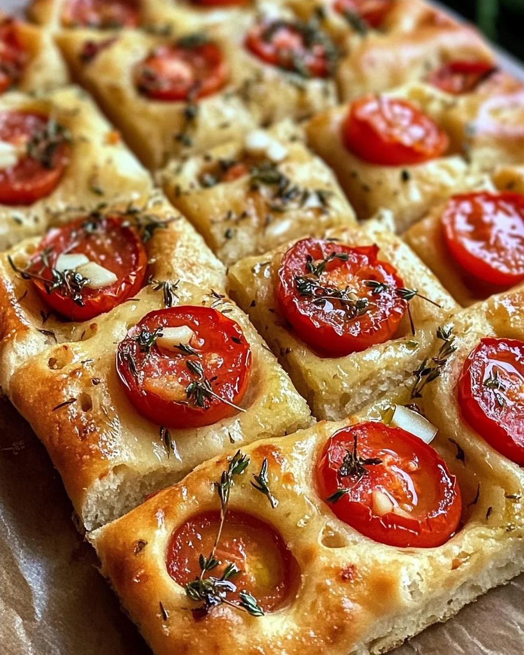 Focaccia mit Tomaten, Knoblauch & Thymian