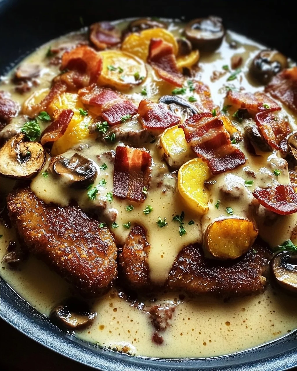 Geschmorte Schnitzelpfanne in köstlicher Jägersauce