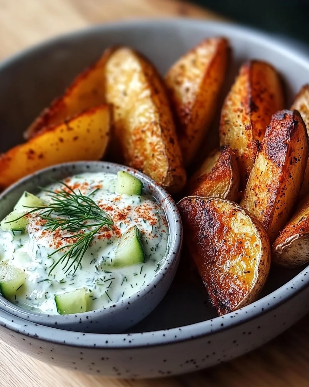 Kartoffelspalten mit Gurkendip