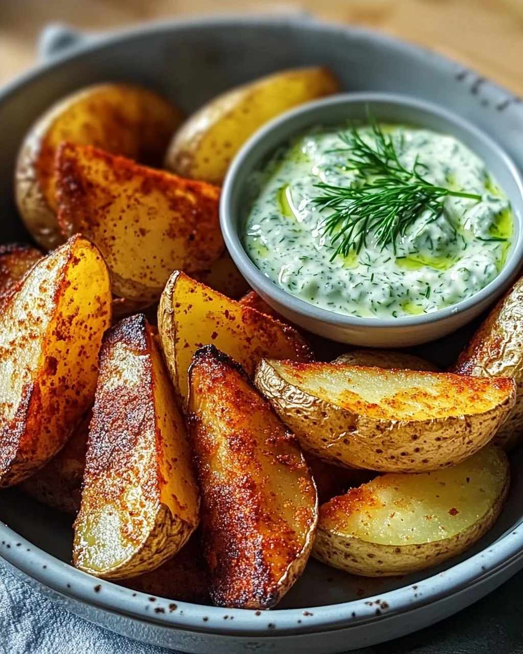 Kartoffelspalten mit Gurkendip