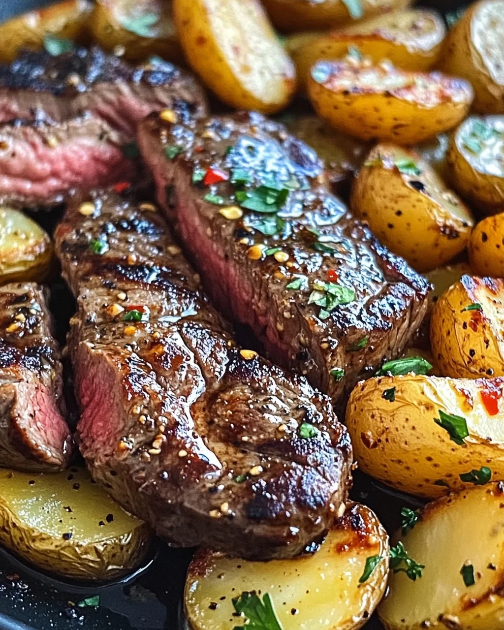 Knoblauchbutter Steak und Kartoffeln aus der Pfanne