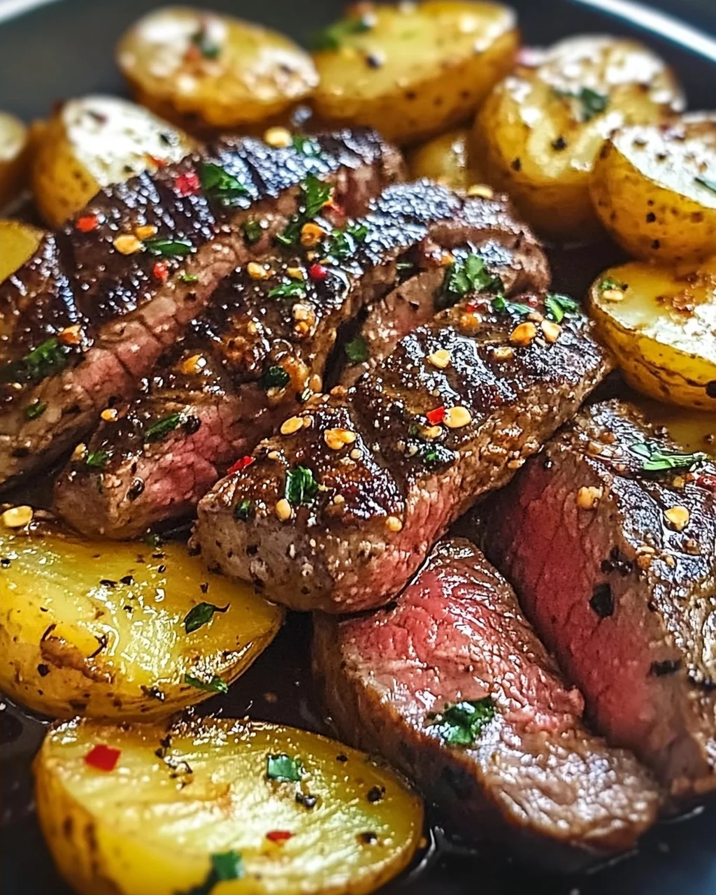 Knoblauchbutter Steak und Kartoffeln aus der Pfanne