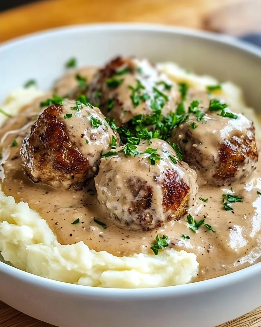 Saftige Hackbällchen in Rahmsauce & cremigem Kartoffelpüree