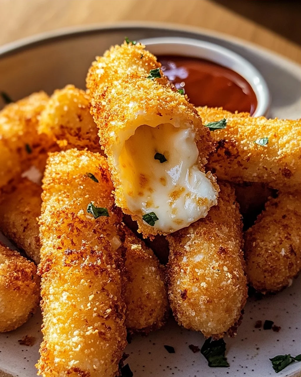 Schmelzender Goldener Heißluftfrittierter Mozzarella Traum