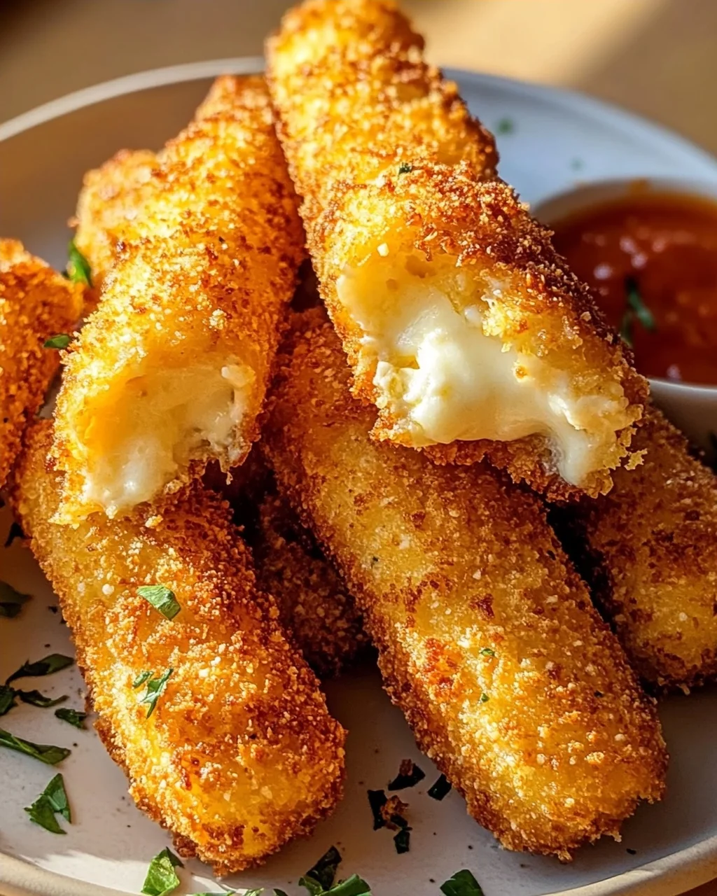 Schmelzender Goldener Heißluftfrittierter Mozzarella Traum