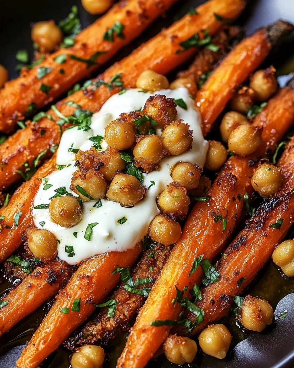 Spicy Maple-Roasted Carrots with Crispy Chickpeas and Yogurt Sauce