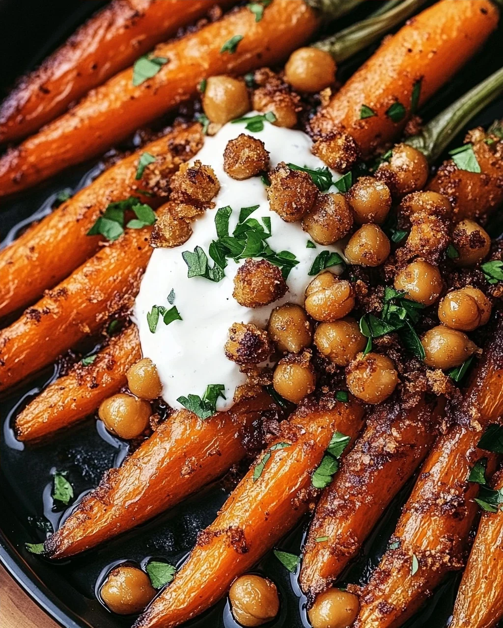 Spicy Maple-Roasted Carrots with Crispy Chickpeas and Yogurt Sauce