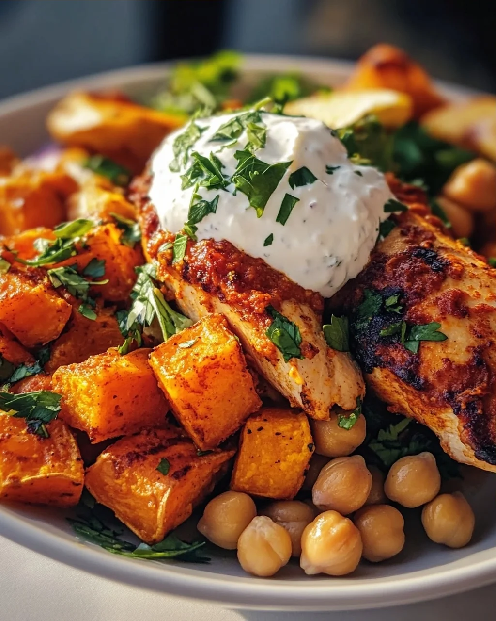 Würziges Ofen-Harissa Hähnchen mit Süßkartoffel, Kichererbsen und Knoblauchjoghurt