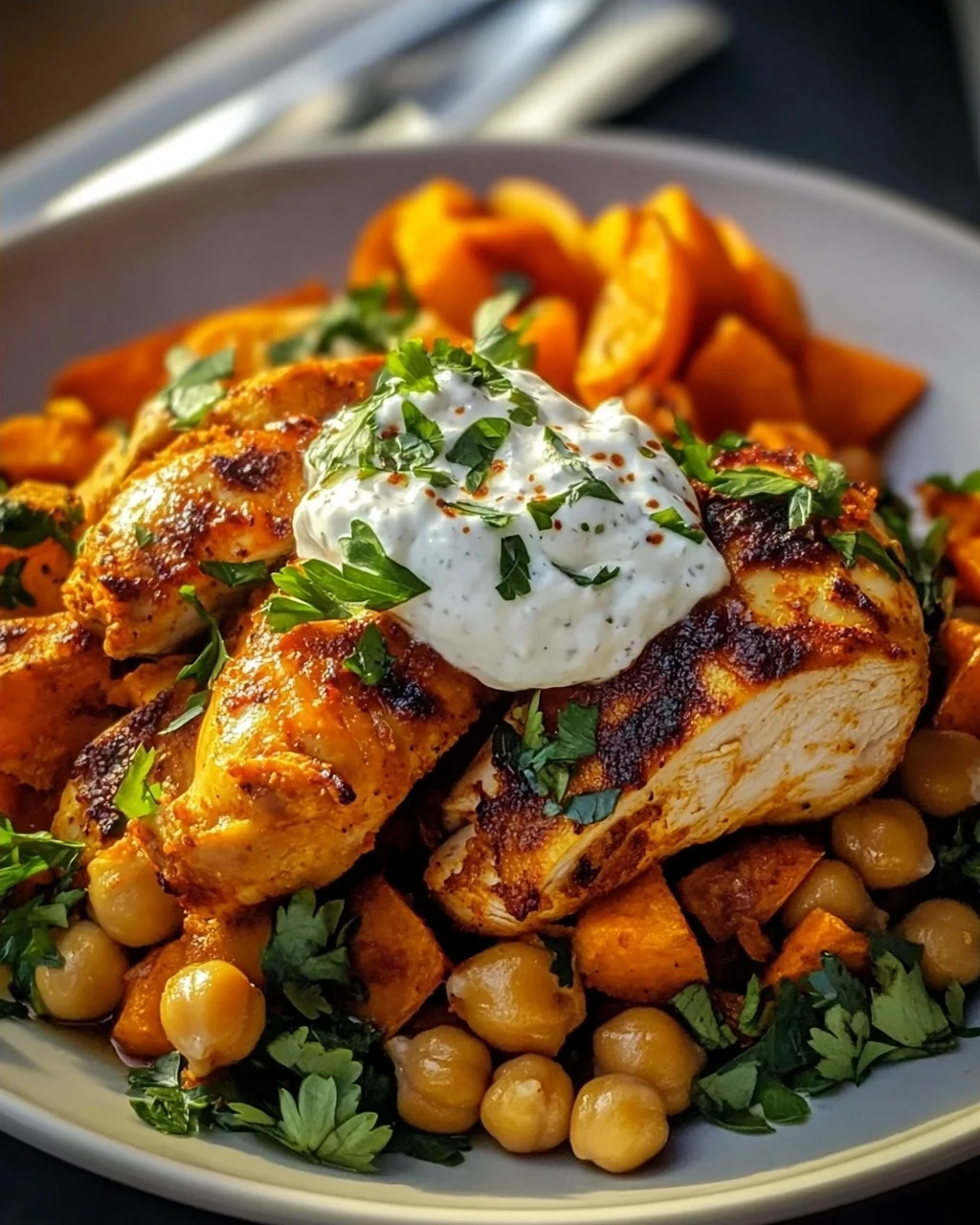 Würziges Ofen-Harissa Hähnchen mit Süßkartoffel, Kichererbsen und Knoblauchjoghurt