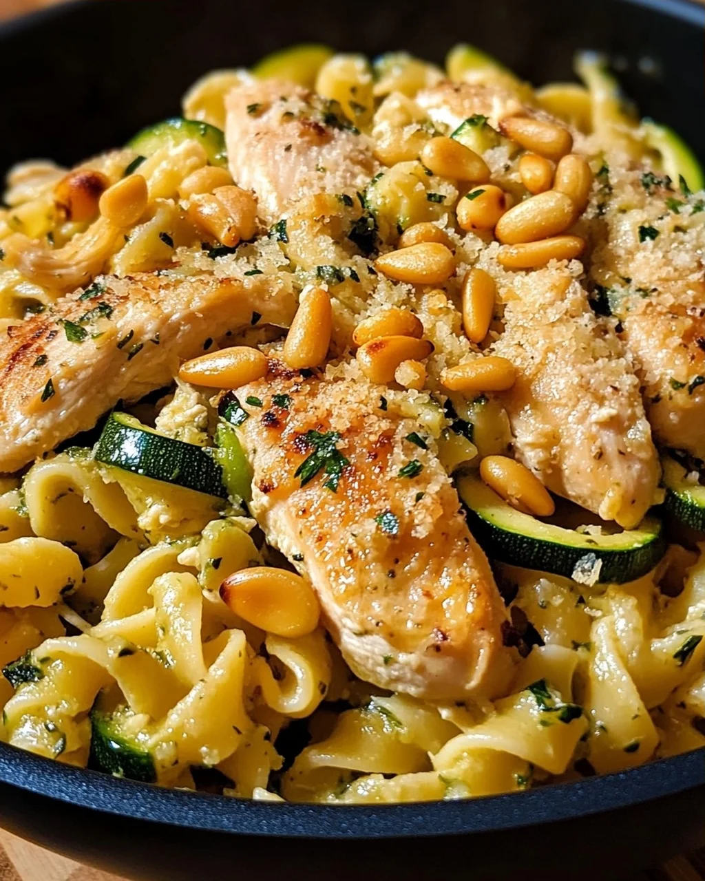 Zucchini Parmesan Pasta mit Hähnchen und Pinienkernen