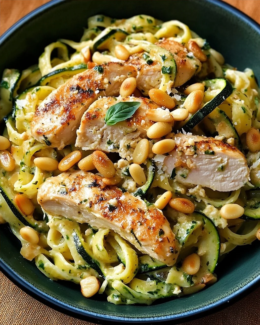 Zucchini Parmesan Pasta mit Hähnchen und Pinienkernen